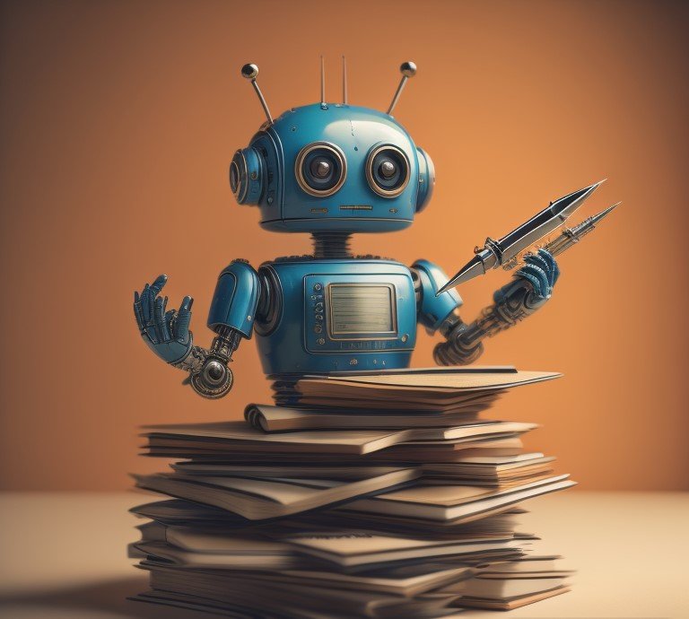 Friendly blue AI robot holding a pen on a stack of documents, representing AI-powered automation